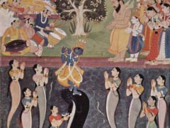 Krishna dances over the subdued Kaliya Naag in river Yamuna, while his wives are praying to Krishna for his mercy