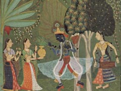 Râgmâlâ series, scene Vasanta Ragini (spring), Krishna dancing to music of two girls By Indischer Maler um